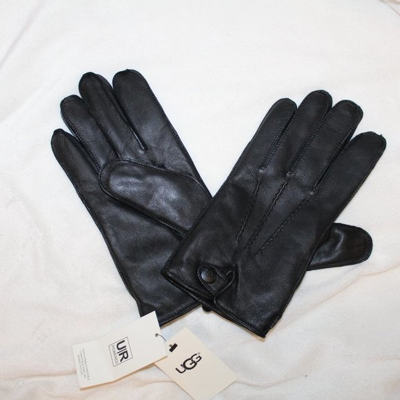 NWT UGG MEN'S LEATHER 3‎ POINT SNAP TECH ENABLE TOUCH SCREEN GLOVES BLACK - Picture 1 of 4